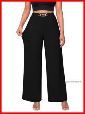 High Waisted Wide Leg Dress Pants Side Pockets Pull On Business Casual Trousers